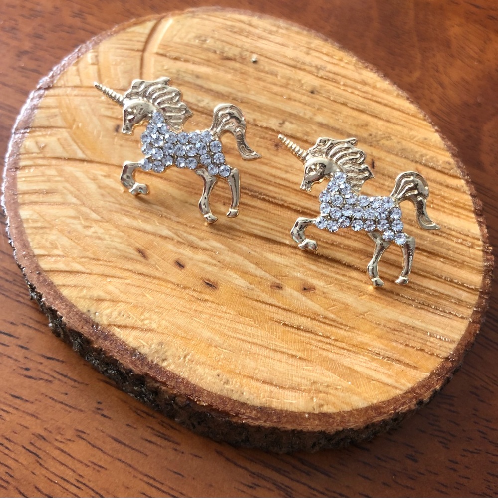 NEW• Sugared +Bronzed Gold & Crystal Unicorn Stud Earrings